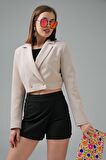 Bej Kruvaze Crop Blazer Ceket