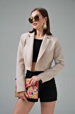 Bej Kruvaze Crop Blazer Ceket