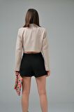Bej Kruvaze Crop Blazer Ceket