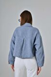 Mavi Kaşe Oversize Cepli Crop Ceket