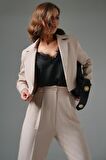 Bej Kruvaze Crop Blazer Ceket