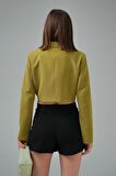 Yağ Yeşili Kruvaze Crop Blazer Ceket