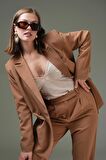 Camel Blazer Ceket-Pantolon Dokuma Alt-Üst Takım