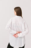 Beyaz Oversize Uzun Basic Dokuma Gömlek