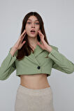 Mint Pens Detaylı Mini Crop Dokuma Ceket