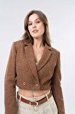 Kahverengi Kruvaze Kapama Dokuma Crop Blazer Ceket