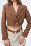 Kahverengi Kruvaze Kapama Dokuma Crop Blazer Ceket