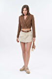 Kahverengi Kruvaze Kapama Dokuma Crop Blazer Ceket