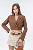 Kahverengi Kruvaze Kapama Dokuma Crop Blazer Ceket