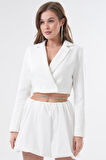 Beyaz Kruvaze Crop Blazer Ceket