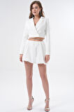 Beyaz Kruvaze Crop Blazer Ceket