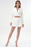 Beyaz Kruvaze Crop Blazer Ceket