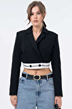 Siyah Garni Detaylı Kruvaze Crop Blazer Dokuma Ceket