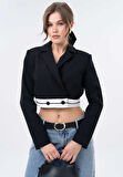 Siyah Garni Detaylı Kruvaze Crop Blazer Dokuma Ceket