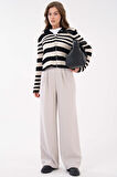 Taş Yüksek Bel Cırtlı Kapama Çift Pile Dokuma Palazzo Pantolon