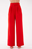 Kırmızı Yüksek Bel Cırtlı Kapama Çift Pile Dokuma Palazzo Pantolon