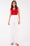 Beyaz Yüksek Bel Cırtlı Kapama Çift Pile Dokuma Palazzo Pantolon