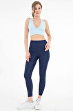 Mavi Dekolte V Yaka Fitilli Örme Seamless Pamuk Crop Büstiyer - Pedli Sporcu Sütyeni