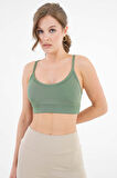 Haki U Yaka İp Askılı Fitilli Basic Örme Crop Büstiyer