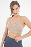 Bej U Yaka İp Askılı Fitilli Basic Örme Crop Büstiyer