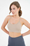 Bej U Yaka İp Askılı Fitilli Basic Örme Crop Büstiyer