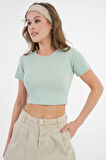 Mint Bisiklet Yaka Fitilli Basic Örme Crop Bluz