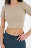 Bej Bisiklet Yaka Fitilli Basic Örme Crop Bluz