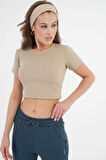 Bej Bisiklet Yaka Fitilli Basic Örme Crop Bluz