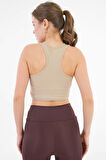 Bej U Yaka Beli Lastikli Fitilli Toparlayıcı Örme Crop Büstiyer