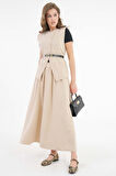 Bej Çapraz Kesim Kemerli Yelek- Beli Lastikli Büzgülü Etek Örme Alt Üst Takım