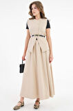 Bej Çapraz Kesim Kemerli Yelek- Beli Lastikli Büzgülü Etek Örme Alt Üst Takım