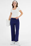 Lacivert Yüksek Bel Beli Lastikli Bağcıklı Wide Leg Basic Eşofman Alt