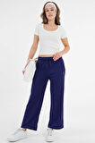 Lacivert Yüksek Bel Beli Lastikli Bağcıklı Wide Leg Basic Eşofman Alt