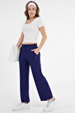 Lacivert Yüksek Bel Beli Lastikli Bağcıklı Wide Leg Basic Eşofman Alt