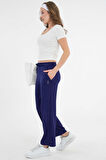 Lacivert Yüksek Bel Beli Lastikli Bağcıklı Wide Leg Basic Eşofman Alt