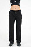 Siyah Yüksek Bel Beli Lastikli Bağcıklı Wide Leg Basic Eşofman Alt