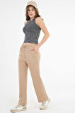 Vizon Yüksek Bel Beli Lastikli Bağcıklı Wide Leg Basic Eşofman Alt