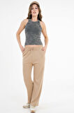 Vizon Yüksek Bel Beli Lastikli Bağcıklı Wide Leg Basic Eşofman Alt