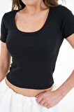 Siyah U Yaka Fitilli Örme Crop Bluz