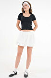 Siyah U Yaka Fitilli Örme Crop Bluz