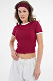 Bordo Yaka ve Kol Garni Detaylı Biyeli Fitilli Örme Crop Bluz