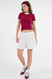Bordo Yaka ve Kol Garni Detaylı Biyeli Fitilli Örme Crop Bluz