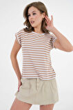 Vizon Çizgili Bisiklet Yaka Japone Kol Basic T-Shirt