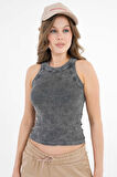 Antrasit Halter Yaka Fitilli Örme Crop Bluz