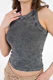 Antrasit Halter Yaka Fitilli Örme Crop Bluz