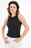 Siyah Halter Yaka Fitilli Örme Crop Bluz