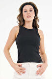 Siyah Halter Yaka Fitilli Örme Crop Bluz