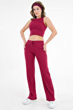 Bordo Bağcıklı Fitted/Vücuda Oturan Esnek Fitilli Örme Pantolon