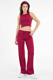 Bordo Bağcıklı Fitted/Vücuda Oturan Esnek Fitilli Örme Pantolon