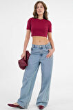 Bordo Bisiklet Yaka Kısa Kol Fitilli Örme Crop Bluz